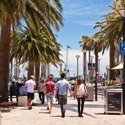 a group of people walking down a street next to a palm tree