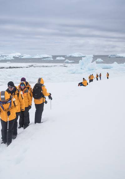 Passengers hiking through Antarctica