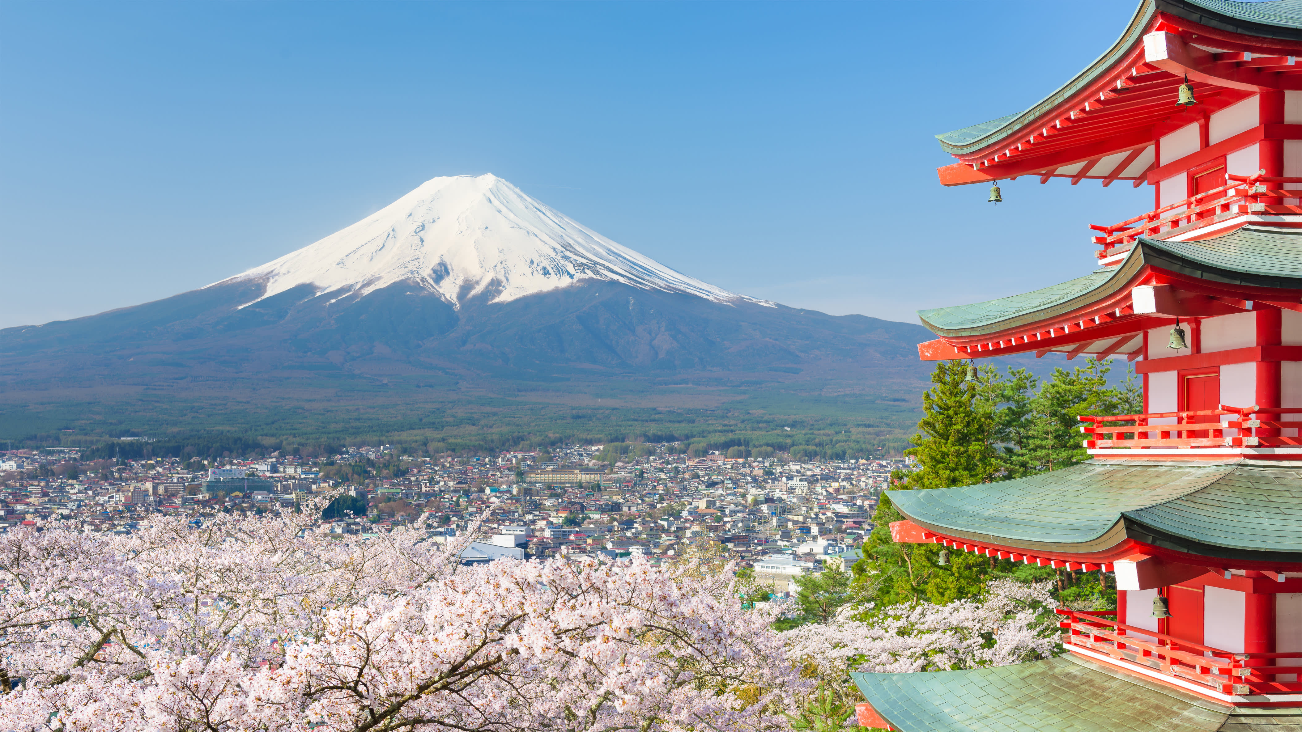 Red pagoda with Mt. Fuji as the background