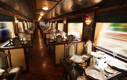 Dining table for 4 inside a coach of the Maharaja Express
