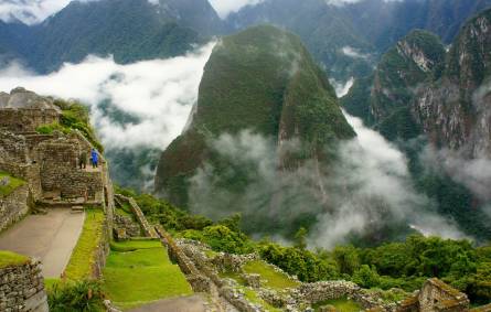 Aerial view of the green mountains of Machu Picchu