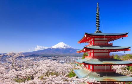 Mount Fuji with Chureito Pagoda in Spring