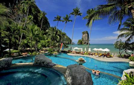 a group of palm trees next to a body of water