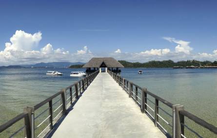a wooden pier next to a body of water
