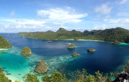 a small island in the middle of a body of water with Raja Ampat Islands in the background
