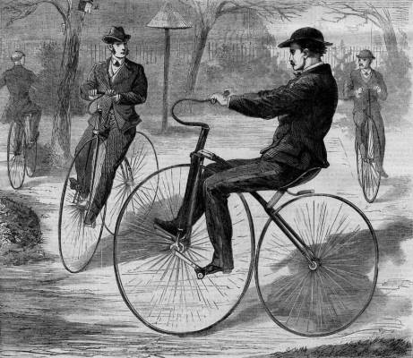 The American Velocipede, a wood engraving sketched by Theodore R. Davis and published in Harper's Weekly, 1868. Source: Wikimedia Commons.
