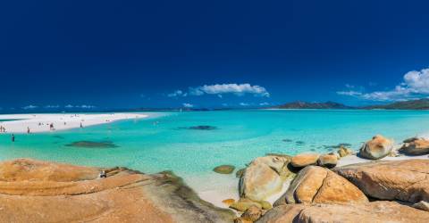 Panorama af Whitehaven Beach i Whitsunday Islands, Queensland, Australien