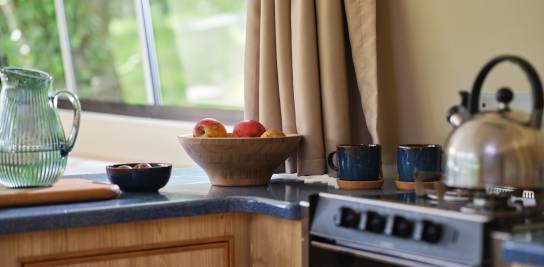 Kitchen on the Dancer 4 featuring a stovetop with kettle, ceramic mugs, and fruit bowl on a blue counter.