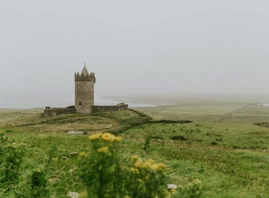 A medieval stone tower castle stands alone on a small hill surrounded by lush green Irish countryside on a misty, overcast day. The circular tower features a pointed turret top and crenellated battlements. Yellow wildflowers are visible in the foreground, while a river or inlet and patchwork fields stretch into the fog in the background. This appears to be Doonagore Castle in County Clare, Ireland.