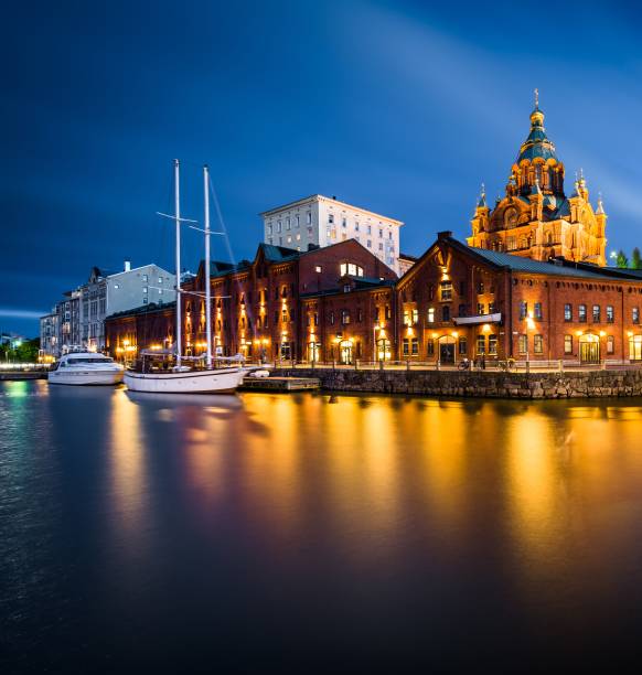 View of the island of Katajanokka and Uspenski Cathedral at night, in Helsinki, Finland