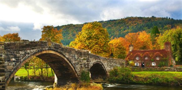 A historic stone arch bridge spanning a flowing river in an autumn landscape. Behind the bridge stands a charming ivy-covered cottage with a red roof, surrounded by trees displaying vibrant fall foliage in shades of gold, orange, and yellow. Forested hills rise in the background under a partly cloudy sky. The scene is characteristic of rural Wales or the British countryside.