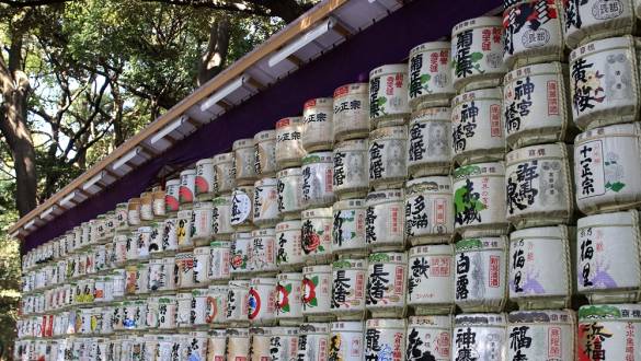 Barrels os sake donated to the Meiji Shrine