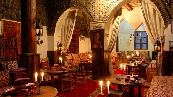 Dining room at Kasbah du Toubkal Hotel in High Atlas, Morocco