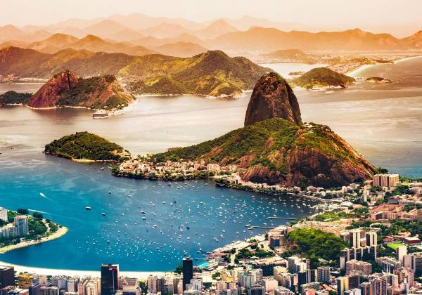 Aerial view of Copacabana beach in Rio de Janeiro showing mountain and city view
