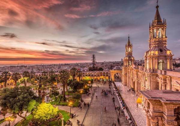Sunset over Basilica Cathedral of Arequipa in Peru