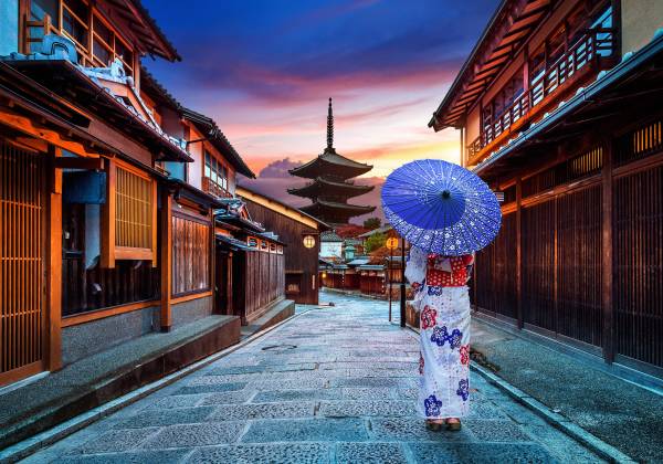 Asian woman wearing japanese traditional kimono at Yasaka Pagoda and Sannen Zaka Street in Kyoto, Japan