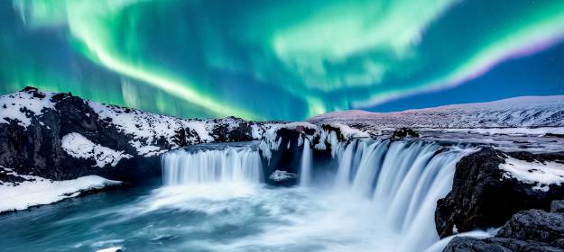 Northern lights, waterfall, Iceland