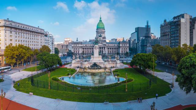 Panorama of the city of Buenos Aires. Aerial panorama of the square near Congreso at sunny day. Argentina