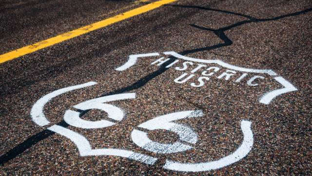 Historic US Route 66 sign on the road between Hackberry and Seligman in Arizona
