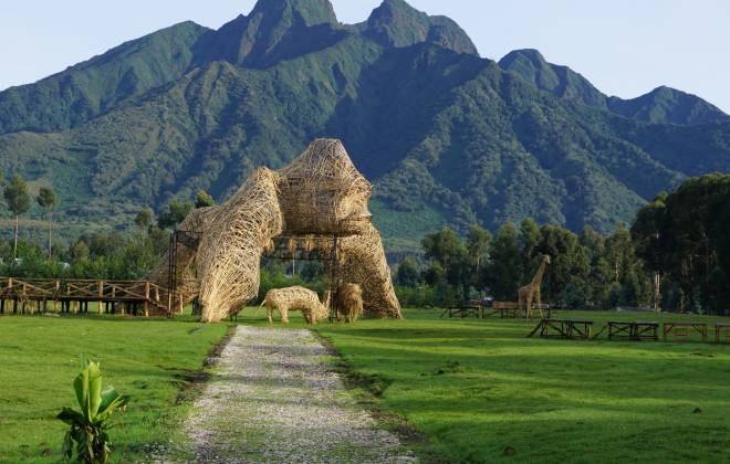 a large green field with a mountain in the background