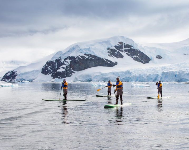 Guests stand-up paddling in Antarctica. Photo by Michelle Sole. 