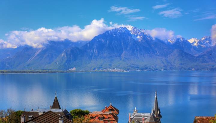 Swiss Riviera Montreux, Lake Geneva, and Alps mountain along the Golden pass line, Switzerland