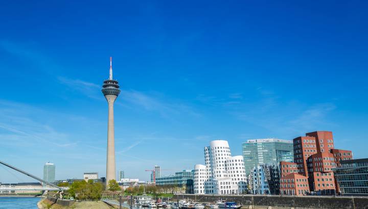 Dusseldorf cityscape with view on media harbor, germany