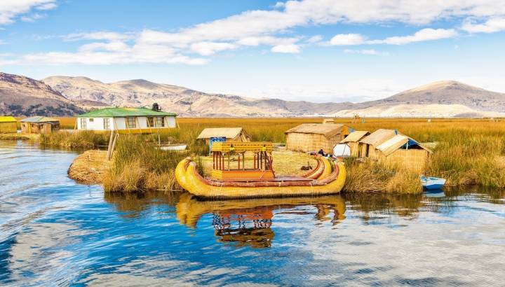 Traditional reed boat lake Titicaca in Peru