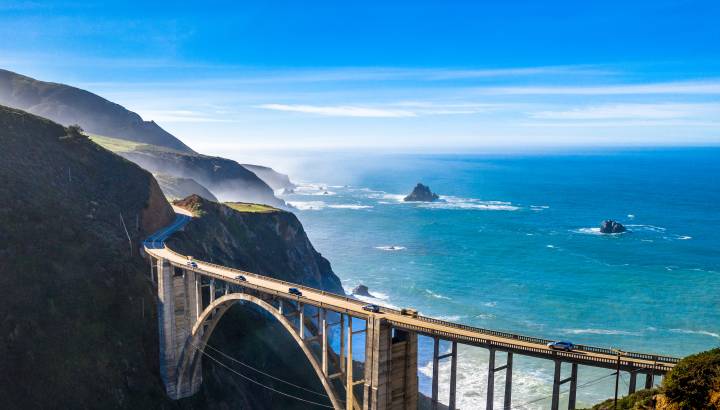 Aerial Bixby Bridge (Rocky Creek Bridge) and Pacific Coast Highway near Big Sur in California, USA America