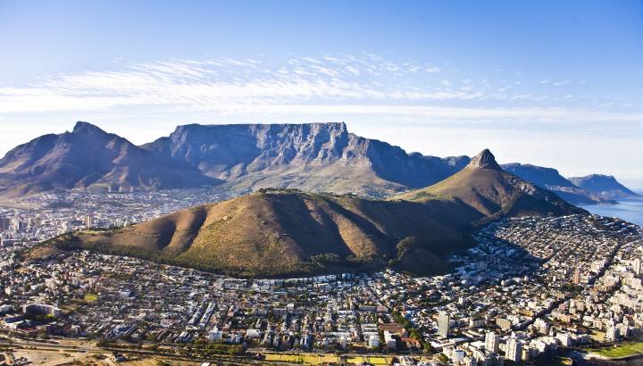 Aerial view of Cape Town, with Green Point and Sea Point, Table Mountain, Lion's Head, Signal Hill and Devil's Peak