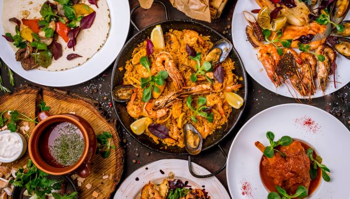 Assorted Spanish food set Paella seafood platters, grilled seafood