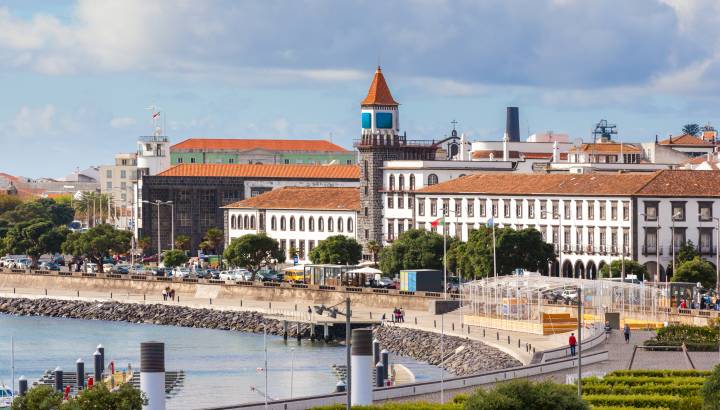 City view with harbor at Ponta Delgada, capital city of the Azores at Sao Miguel Island