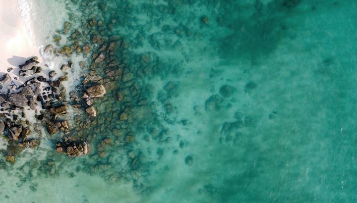 Aerial top view of Long Beach coast in Koh Rong, Cambodia, Asia