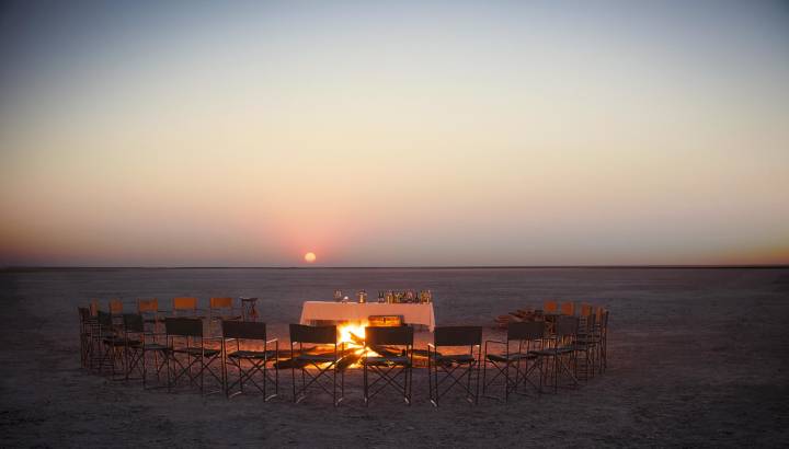 cam fire at San Camp Kalahari in Salt Pans, Botswana