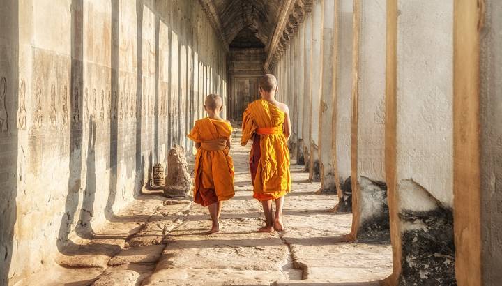 Enchanting Travels Cambodia Tours Two neophytes walking in an Angkor Wat, Siem Reap, Cambodia Vacation