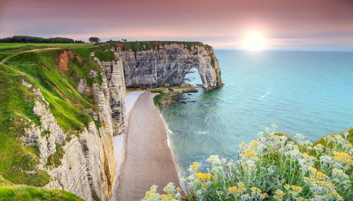 Enchanting Travels France Tours Amazing cliffs Aval of Etretat and beautiful famous coastline,Normandy,France,Europe