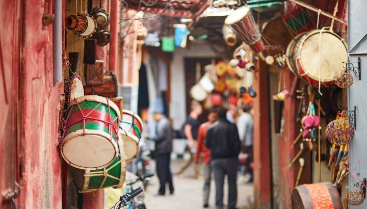 A selection of drums being sold at a souk in Marrakech