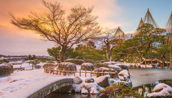 Kanazawa, Japan winter at Kenrokuen Garden at dawn