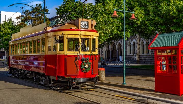 New Zealand, South Island. Christchurch, Canterbury Region. Restored heritage tram at Worcester Boulevard