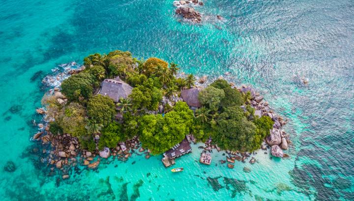 Praslin tropical island Seychelles, drone view above st piere island Seychelles