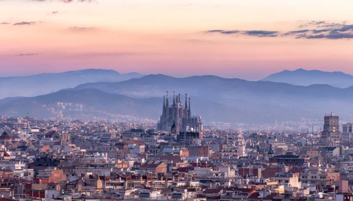 Sagrada familia and panorama view of barcelona city at dusk ,Spain