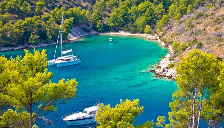 Secret turquoise beach yachting and sailing, Island of Brac, Dalmatia, Croatia