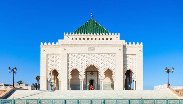 The Mausoleum of Mohammed V is a historical building located on the opposite side of the Hassan Tower on the Yacoub al-Mansour esplanade in Rabat, Morocco