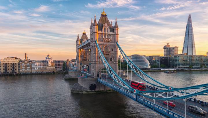 Tower Bridge in London, the UK. Sunset with beautiful clouds