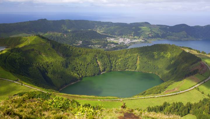View lake Lagoa de Santiago and Lagoa Azul at Sao Miguel Island