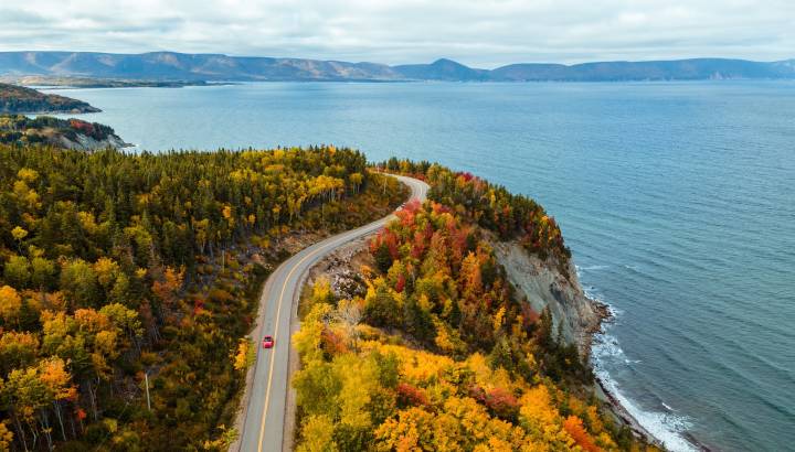 Luftaufnahme mit Fokus auf den herbstlich gefärbten Wald entlang der Panoramastrasse Cabot Trail auf Cape Breton in Nova Scotia Kanada