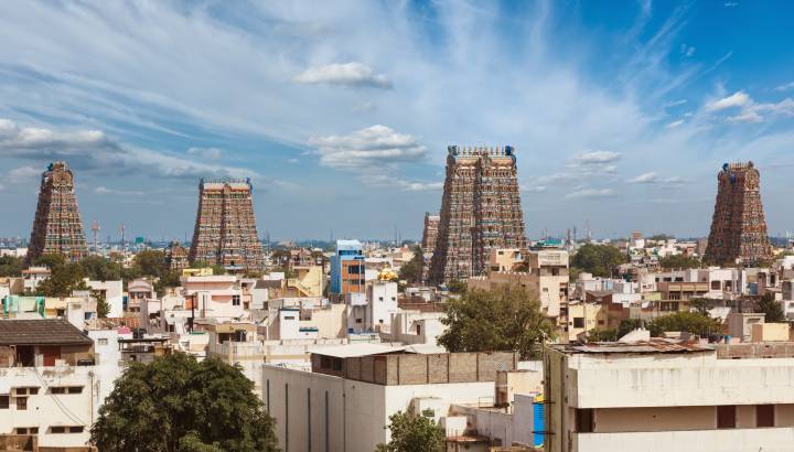 Blick auf den Sri Menakshi Temple in Madurai, Indien