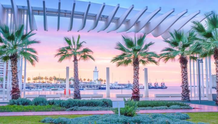 The marine of Malaga, Spain. It is a modern region of the city with museums, restaurants, entertainment, and a ancient lighthouse at the tip.