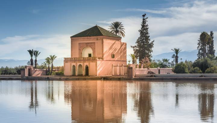 Menara gardens reflecting pool and pavilion, Marrakech, Morocco, Africa
