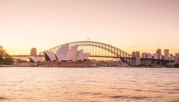 Downtown Sydney skyline in Australia at twilight